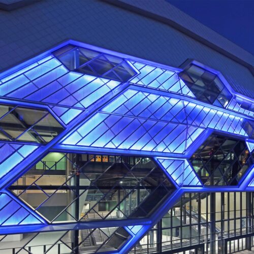 Rainscreen Cladding Leeds Arena | Punched aluminium rainscreen cladding with backlit panels